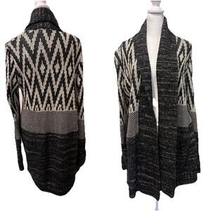Lucky Brand Cardigan Sweater Chunky Oversized Beachy Cozy Wool Ikat Pockets L